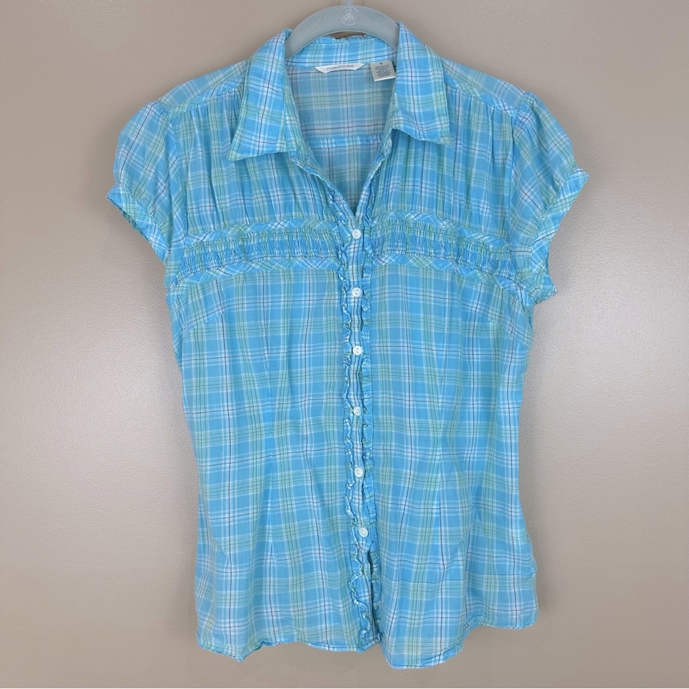 Y2K Maurices Womens Aqua Blue Plaid Ruffle Front Smocked Cap Sleeve Shirt Top M